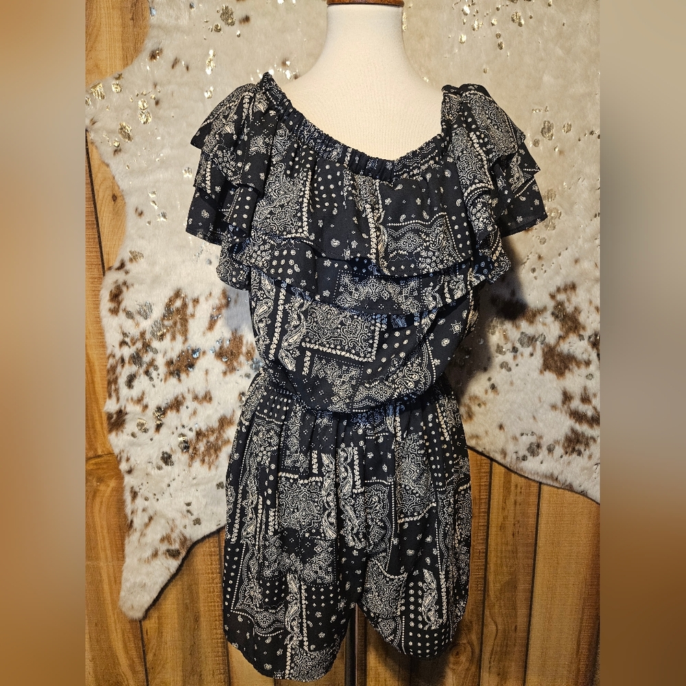 Women's Black Paisley Ruffle Romper